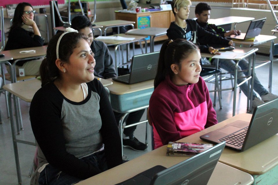 Middle school students in a newcomer program to help immigrant students adjust.