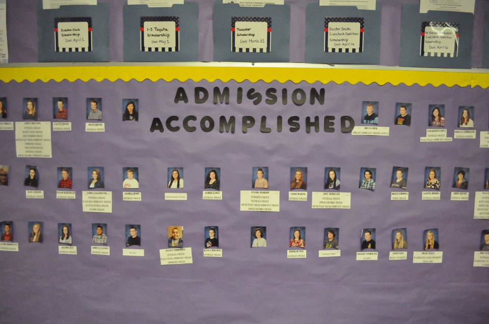 Photos of the class of 2018 are shown on May 15, 2018, on the Onalaska High School front office wall in Onalaska, Washington. Beneath each student’s name, the district prints the names of the colleges to which each student has been accepted. The vast majority of the school’s students — and in 2017, all of them — are accepted into at least one college.