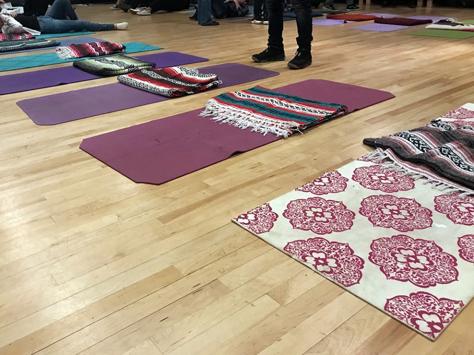 Yoga mats are lined up in the theater room at Taos High ahead of a meditation activity meant to help students develop new skills to deal with grief and loss. 