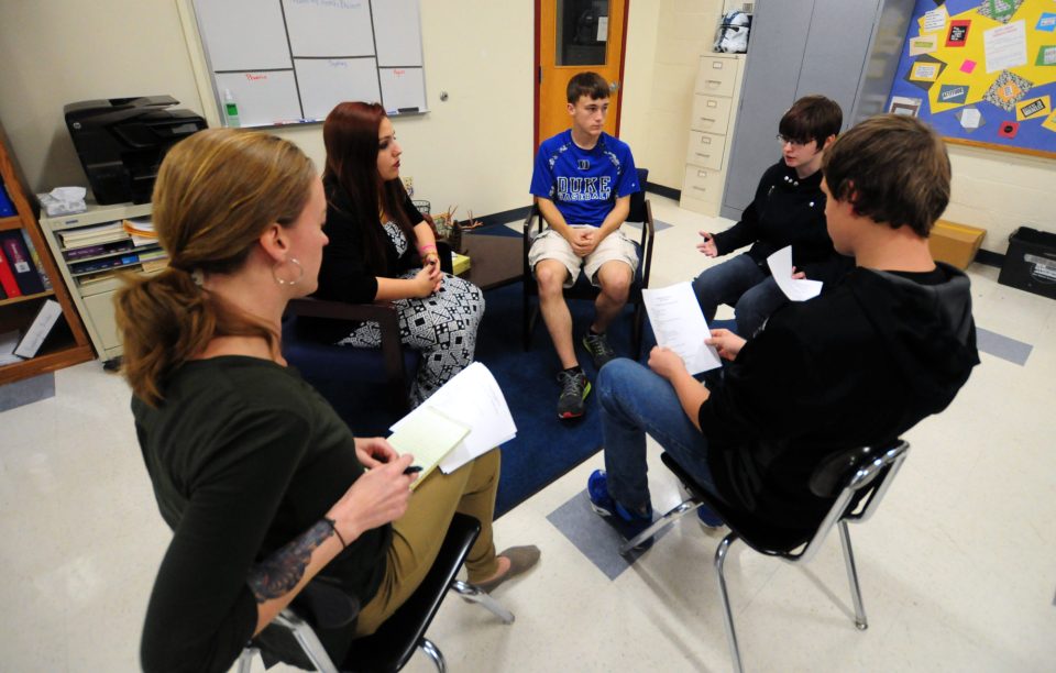 Students participate in a restorative justice circle, a practice that’s part of a movement away from harsh discipline in schools. 