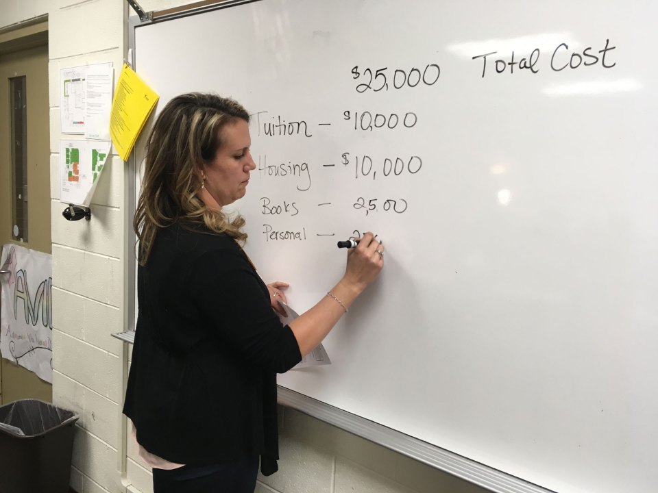 Aubrey Ranson, counseling department chair at William J. Palmer High School, breaks down a financial aid package during a postsecondary prep class for first-generation students.